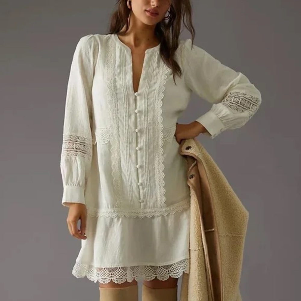 By Anthropologie Button Front Mini Dress Lace Long Sleeve Small